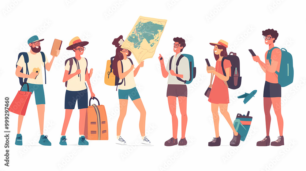 A group of tourists traveling with a backpack and map, on vacation. A collection of portraits of travelers. A group of tourists traveling with a backpack and map, on vacation. A collection of portraits of travelers.