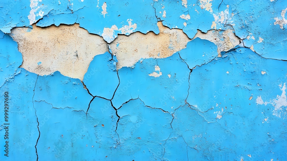 Fototapeta premium A textured blue wall with cracks and peeling paint, showcasing nature's art on a weathered surface.
