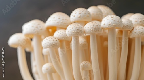 Detailed close up photograph showcasing the distinctive textures shapes and creamy tones of nutrient rich mushrooms highlighting their potential as an organic photo