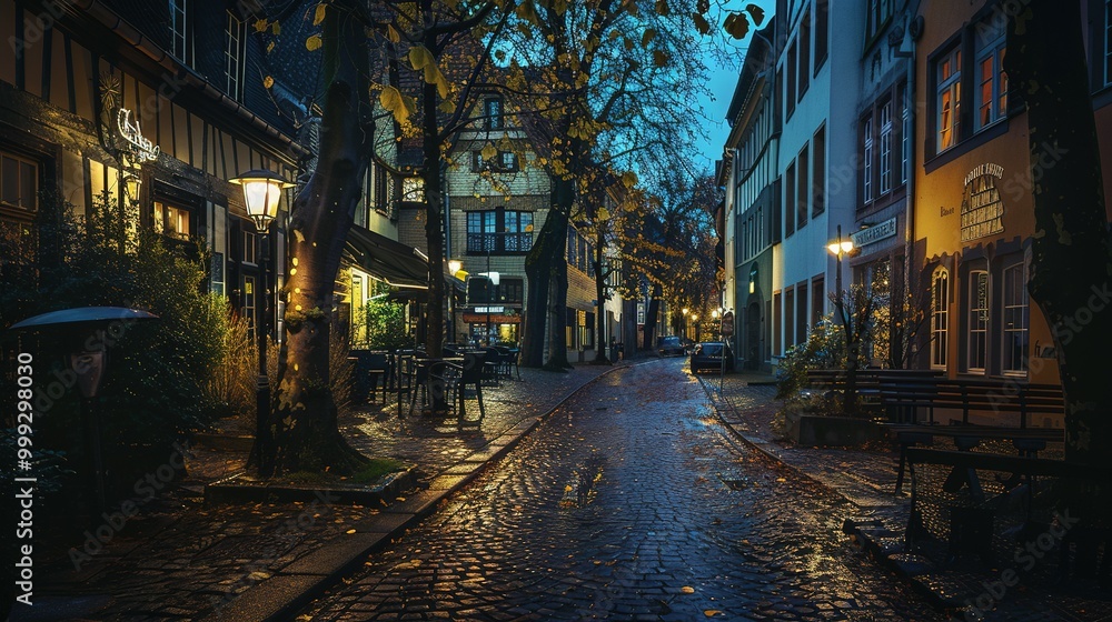 Fototapeta premium Cobblestone Street at Night in a European City
