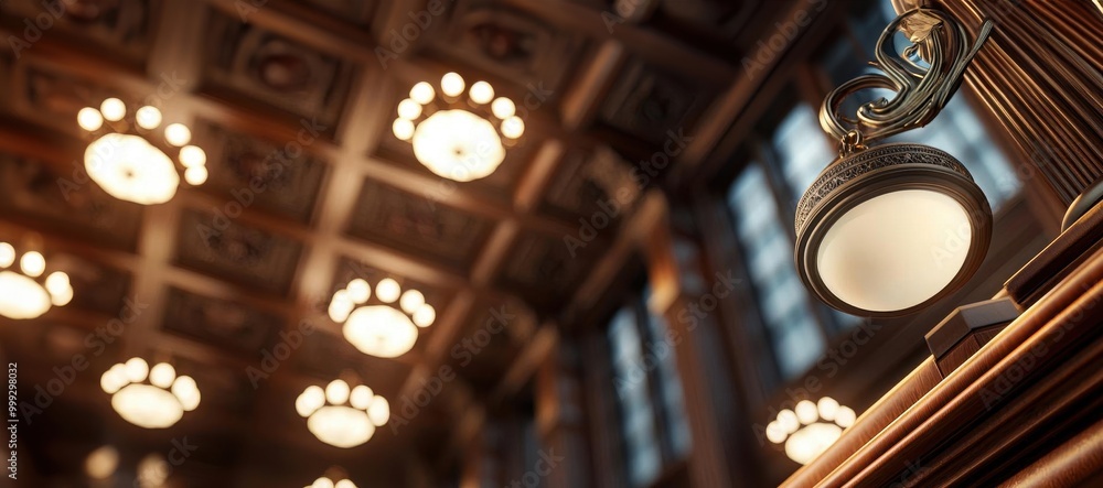 Fototapeta premium Elegant courtroom interior with high ceilings, intricate woodwork, and vintage chandeliers, vintage law setting, historic legal atmosphere