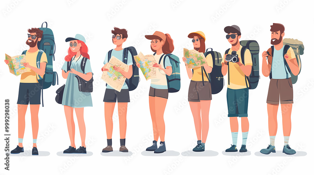 A group of tourists traveling with a backpack and map, on vacation. A collection of portraits of travelers. A group of tourists traveling with a backpack and map, on vacation. A collection of portraits of travelers.