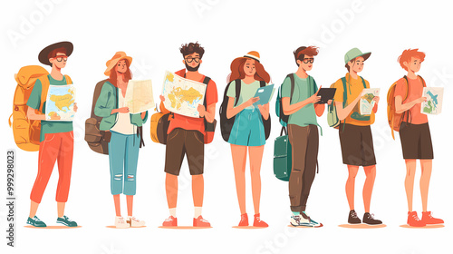 A group of tourists traveling with a backpack and map, on vacation. A collection of portraits of travelers.