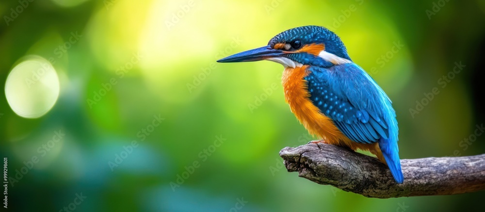 A vibrant blue and orange kingfisher perches on a branch against a blurred green background.