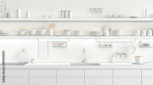 Light-Filled Kitchen Interior: Bar Counter, Sink, and Kitchenware on Shelves photo