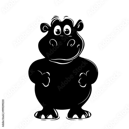 Cute cartoon hippos in black and white, Two adorable cartoon hippos, one wearing a bow tie, in black and white illustration style with playful expressions.

