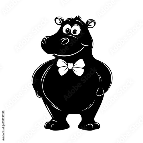 Cute cartoon hippos in black and white, Two adorable cartoon hippos, one wearing a bow tie, in black and white illustration style with playful expressions.

