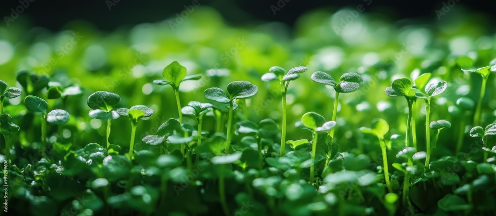 Closeup of vibrant green microgreens sprouting in soil, showcasing early growth and fresh produce. Closeup of vibrant green microgreens sprouting in soil, showcasing early growth and fresh produce.