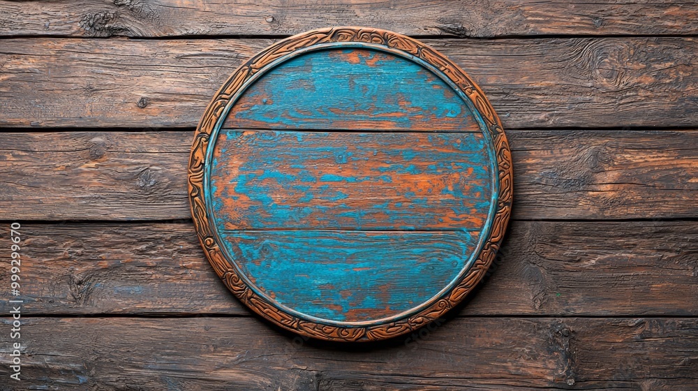 A round, weathered wooden tray with a turquoise center and ornate edges, resting on a rustic wooden surface. A round, weathered wooden tray with a turquoise center and ornate edges, resting on a rustic wooden surface.