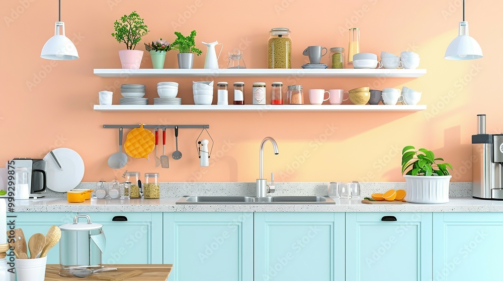 Modern Home Kitchen Design: Light Interior with Bar Counter, Sink, and Shelving for Kitchenware Modern Home Kitchen Design: Light Interior with Bar Counter, Sink, and Shelving for Kitchenware