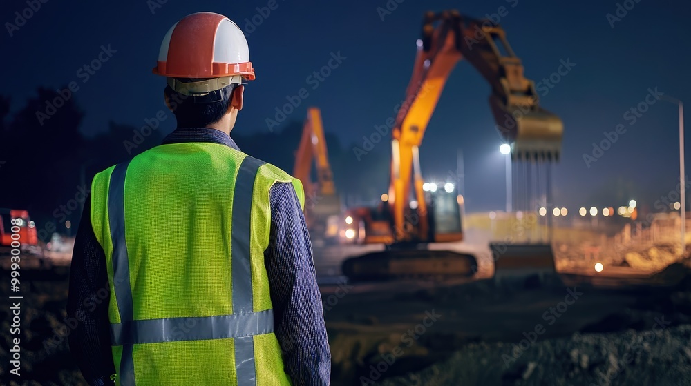 Back View of Construction Worker Overseeing Site with Heavy Machinery. Industrial Development Concept Back View of Construction Worker Overseeing Site with Heavy Machinery. Industrial Development Concept