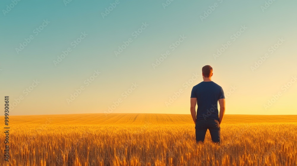 A male model in a navy blue crewneck tshirt stands confidently in a golden field during a serene sunset. A male model in a navy blue crewneck tshirt stands confidently in a golden field during a serene sunset.