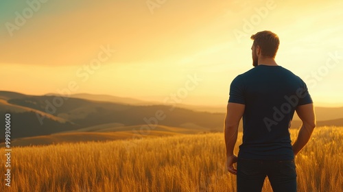 A trendy male model showcases summer vibes in a navy crewneck tee against a stunning sunset backdrop in a field.