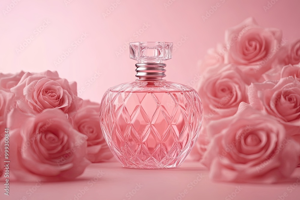 Front view of a transparent perfume bottle with a luxurious design, surrounded by fresh roses on a pink background. Mockups for advertising Front view of a transparent perfume bottle with a luxurious design, surrounded by fresh roses on a pink background. Mockups for advertising