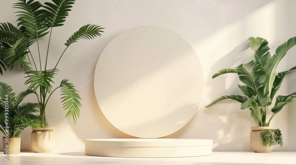 Minimalist Product Display with Round Platform and Tropical Plants Minimalist Product Display with Round Platform and Tropical Plants