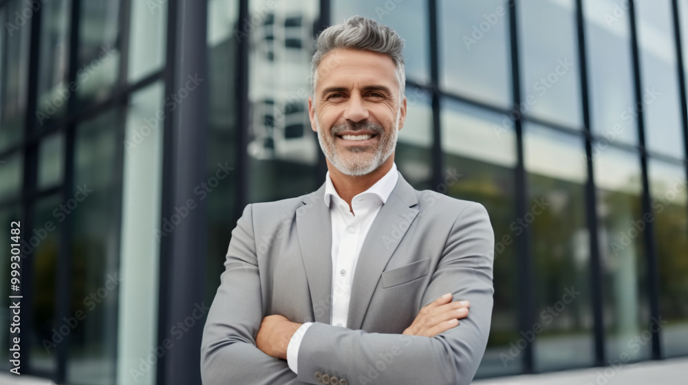 Portrait of a smiling, confident businessman in a grey suit, standing with his arms crossed against a modern office building. Portrait of a smiling, confident businessman in a grey suit, standing with his arms crossed against a modern office building.