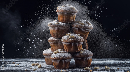 A stack of four cupcakes with powdered sugar on top