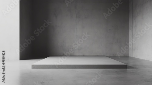 Minimalist concrete interior featuring an elevated platform in an empty space, perfect for showcasing art or products.