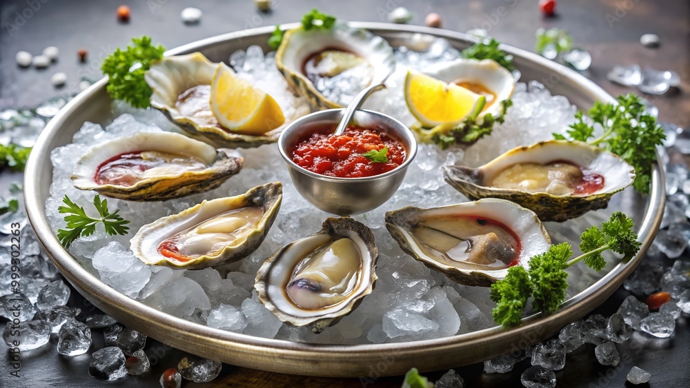 Fresh oysters of crushed ice with lemon and mignonette Fresh oysters of crushed ice with lemon and mignonette