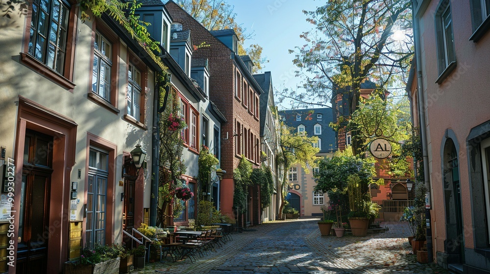 Fototapeta premium Narrow cobblestone street with historic buildings and greenery in a European town