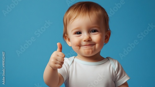 Cute baby boy giving a thumbs up on blue background, banner concept