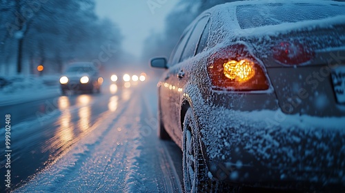 A car covered in snow on a snowy road at dusk with headlights in the background. photo