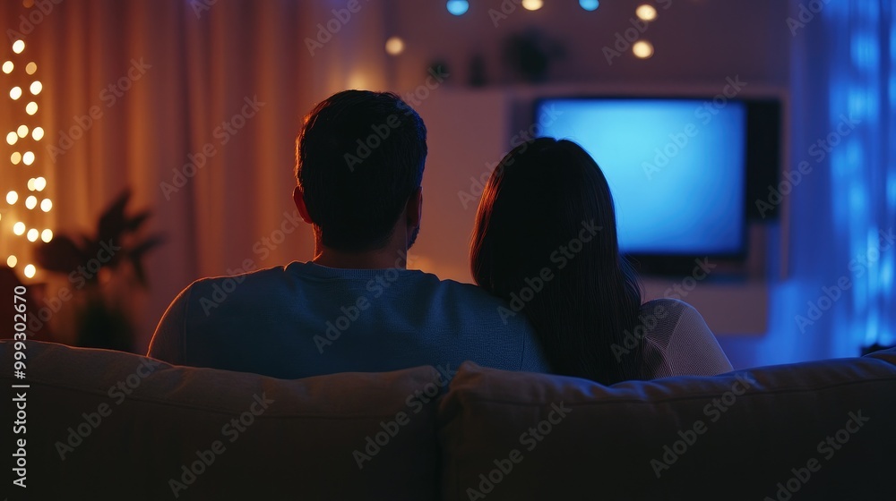 Back view of young couple sitting on couch watching tv at home Back view of young couple sitting on couch watching tv at home