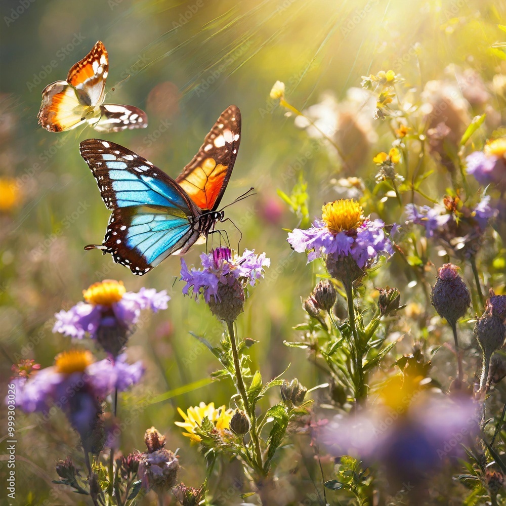 Colorful Butterflies Pollinating Wildflowers in a Sunlit Meadow Colorful Butterflies Pollinating Wildflowers in a Sunlit Meadow