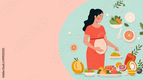 Happy pregnant woman preparing a healthy meal with fresh fruits and vegetables, promoting nutrition during pregnancy.