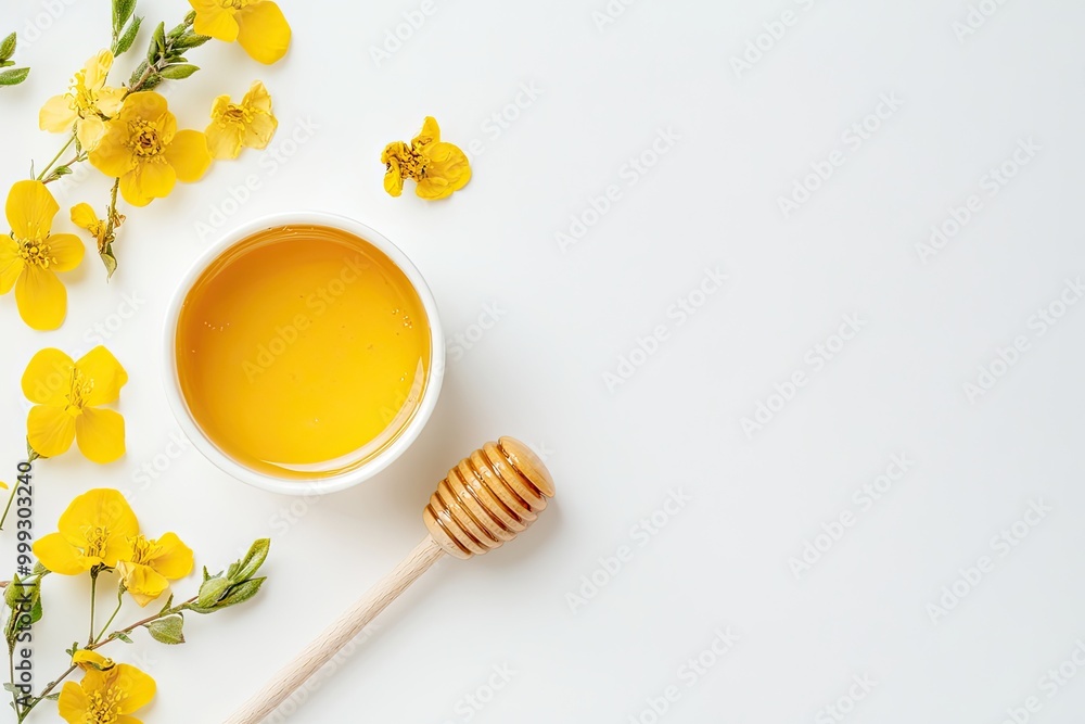 Drops of honey and dipper on white background, top view Drops of honey and dipper on white background, top view