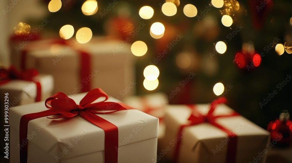 Beautiful Christmas presents over Christmas lights and Christmas tree on light background. Beautiful Christmas gift box Beautiful Christmas presents over Christmas lights and Christmas tree on light background. Beautiful Christmas gift box