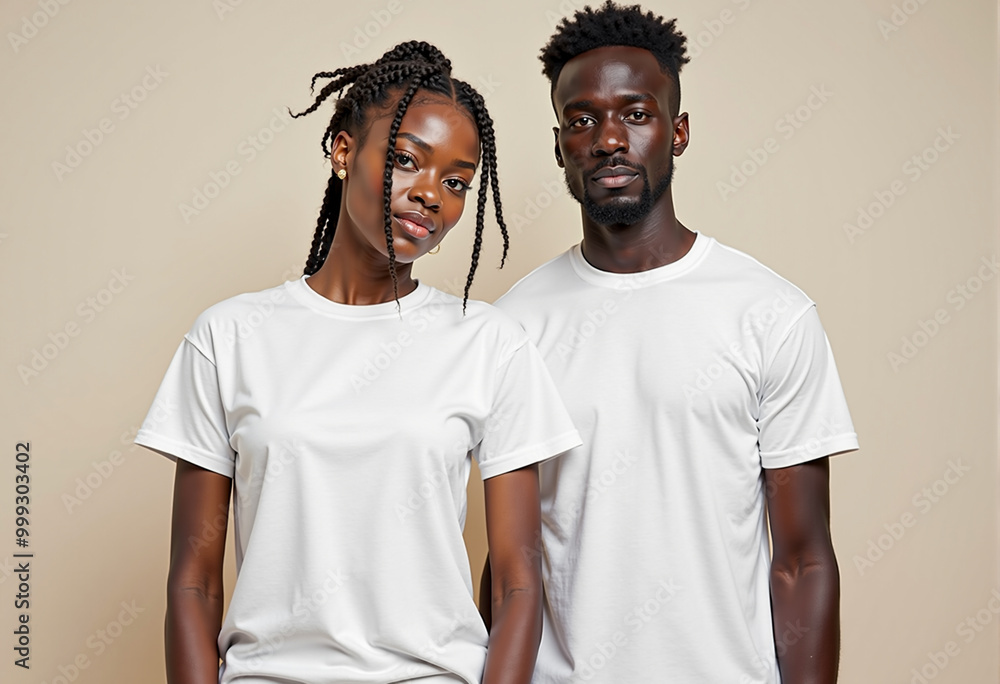 Blank white t-shirt mockup, with black male and female models. Generative AI Blank white t-shirt mockup, with black male and female models. Generative AI