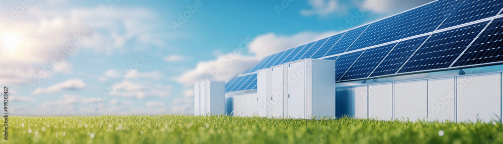 Renewable energy storage units with solar panels under bright sky Renewable energy storage units with solar panels under bright sky