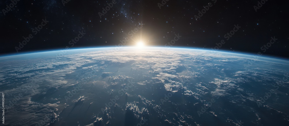 Fototapeta premium A stunning view of Earth from space, showcasing the sunrise over a cloud-covered horizon against a backdrop of twinkling stars.