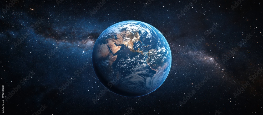Obraz premium A realistic depiction of planet Earth with detailed continents and clouds, set against a starry sky with the Milky Way galaxy in the background.