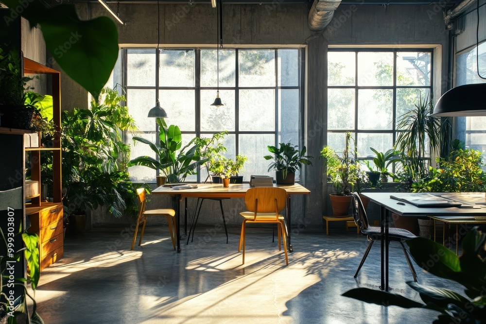 Industrial Office With Lush Green Plants and Natural Light - Generative AI. Industrial Office With Lush Green Plants and Natural Light - Generative AI.