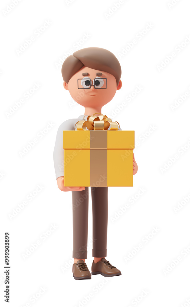 A 3D-rendered character holding a yellow gift box with a golden ribbon, isolated on a white background. Concept of celebration and surprise. 3D Rendering