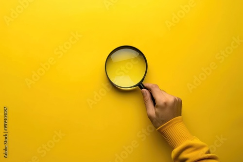 Hand holding a magnifying glass on a yellow background. Search and investigation concept.