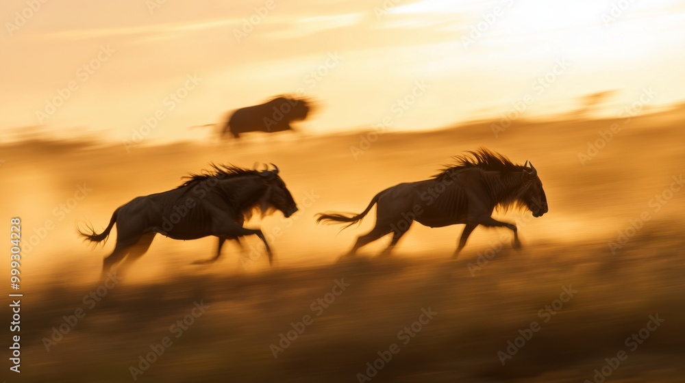 Wild Horses Running in Dusty Sunset Landscape Wild Horses Running in Dusty Sunset Landscape