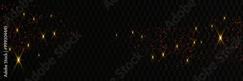 The dust sparks and golden stars shine with special light. Vector sparkles on a transparent background. Christmas light effect. Sparkling magical dust particles