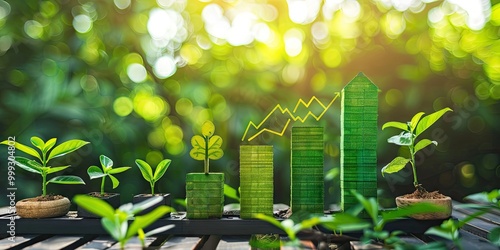 Sustainable Growth Bar Chart with Green Bars and Symbols of Eco-Friendliness and Environmental Stewardship.