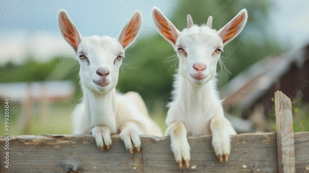 Obraz premium Two Adorable Goat Kids Climbing and Playing on Rustic Wooden Fence and Farm Structures in a Lush Green Pastoral Countryside Setting
