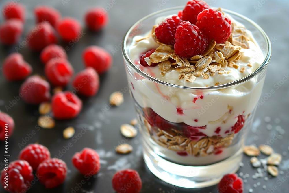 Delicious creamy yogurt parfait with oat flakes and fresh raspberries Delicious creamy yogurt parfait with oat flakes and fresh raspberries