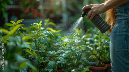 Closeup image of a woman taking care and watering houseplants with plant mister spray at home 