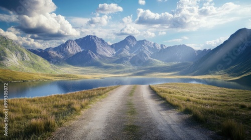 Beautiful mountain range with straight road highway. A long straight road leading towards a snow capped mountain