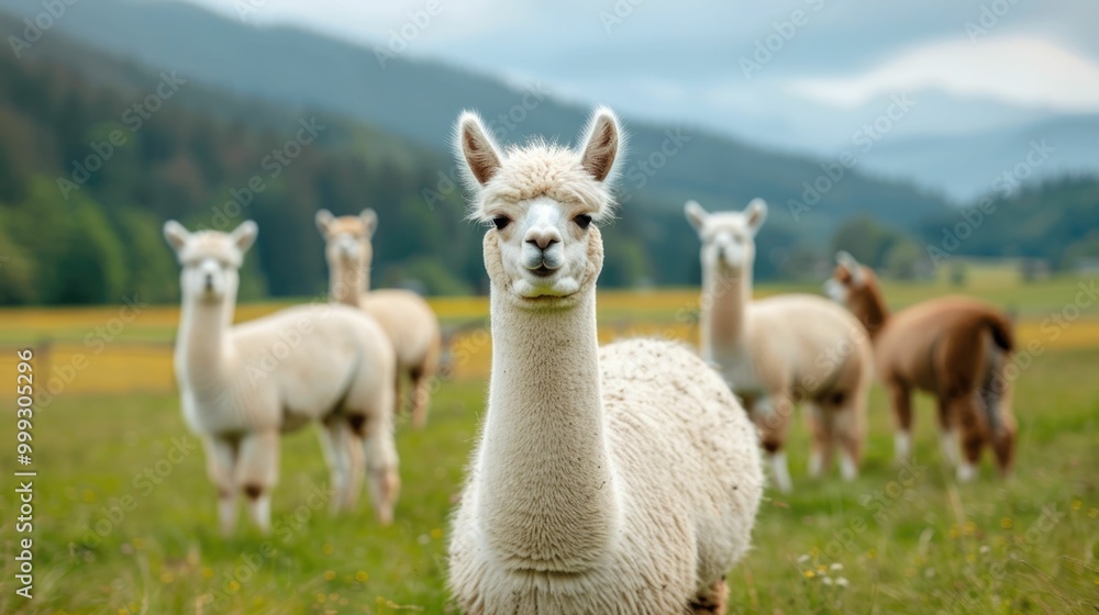 A herd of fluffy wool bearing alpacas grazing peacefully on a serene mountainous farm hillside landscape The pastoral scene showcases the natural beauty of the countryside with lush vegetation A herd of fluffy wool bearing alpacas grazing peacefully on a serene mountainous farm hillside landscape The pastoral scene showcases the natural beauty of the countryside with lush vegetation
