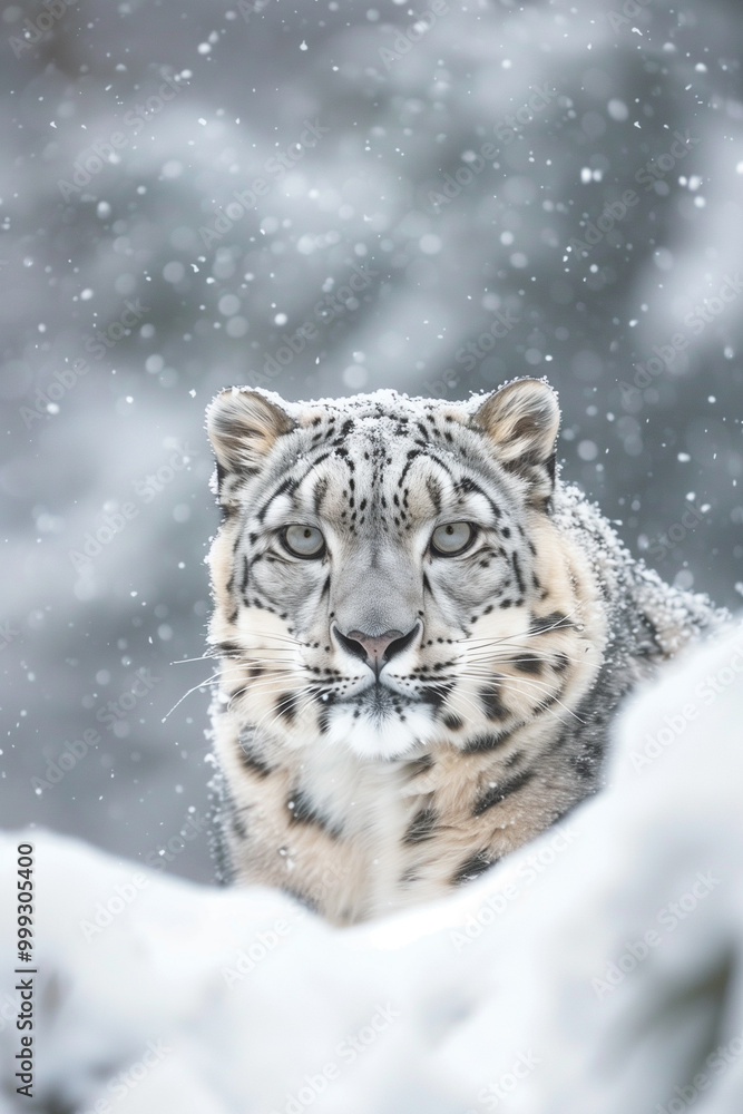 Snow leopard utilizing its exceptional camouflage in white snowy habitat Snow leopard utilizing its exceptional camouflage in white snowy habitat