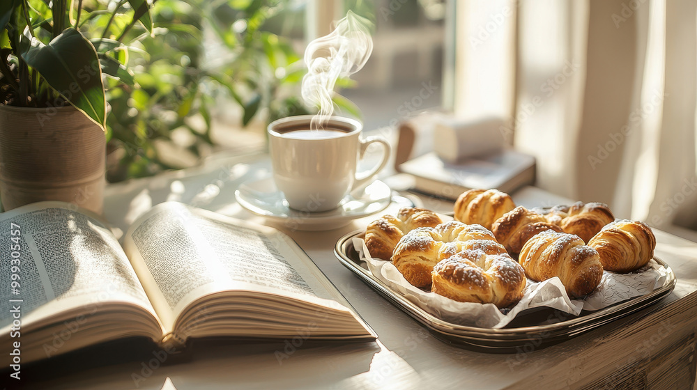 Cozy breakfast scene with a steaming cup of coffee, freshly baked pastries on a tray, and an open book resting on a sunlit table Cozy breakfast scene with a steaming cup of coffee, freshly baked pastries on a tray, and an open book resting on a sunlit table