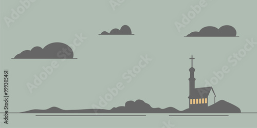 Minimalist landscape with church building.