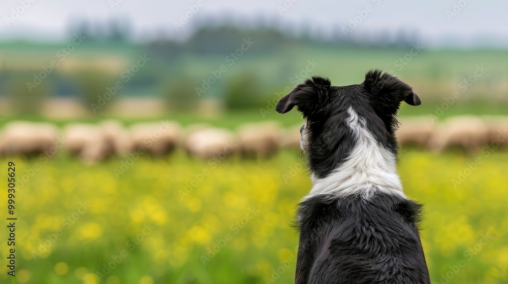 Loyal and Watchful Sheepdog Standing Guard Over a Flock of Sheep in a Serene Pastoral Landscape of Rolling Hills Lush Meadows and Vibrant Yellow Flowers Loyal and Watchful Sheepdog Standing Guard Over a Flock of Sheep in a Serene Pastoral Landscape of Rolling Hills Lush Meadows and Vibrant Yellow Flowers